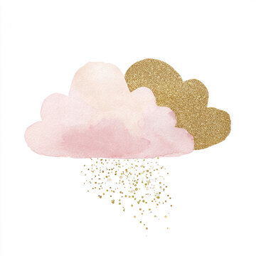 Pink watercolor cloud with gold glitter rain. Cute nursery art. Baby shower invitation decor.