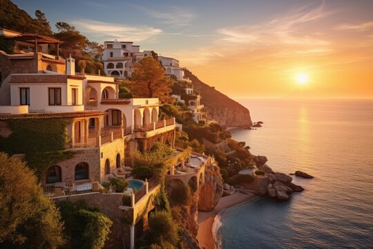 Mediterranean village on cliffside with homes and ocean during golden hour