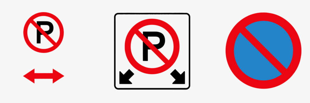 Set of three road traffic signs indicating no parking or stopping restrictions on white background