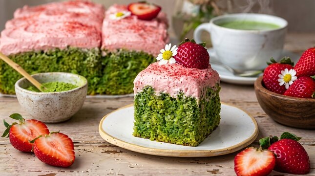 Vibrant Green and Pink Matcha Cake Slice with Strawberries and Green Tea in Rustic Setting