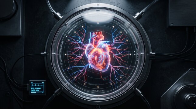 Human Heart Anatomy Visualization Inside High Tech Medical Research Laboratory Scanning Equipment