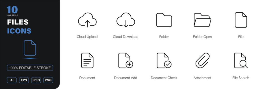 files icon line style document storage cloud management editable stroke vector set
