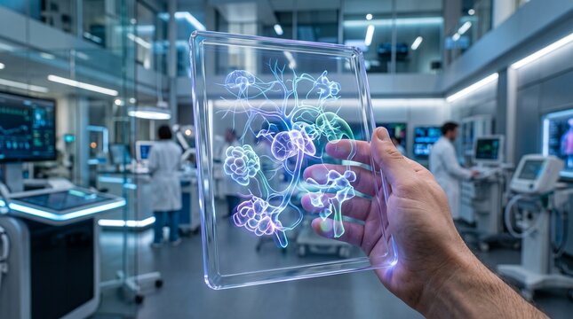 Scientist Examining Neural Network Data on Transparent Tablet in Modern Advanced Medical Research Laboratory