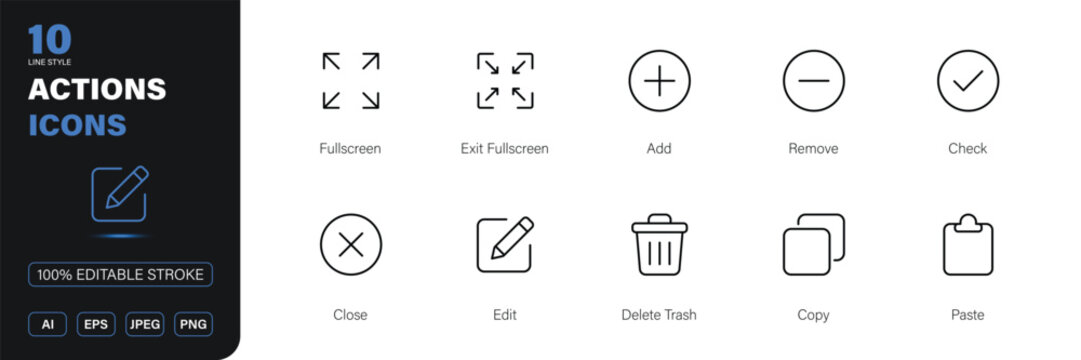 actions icon line style ui interface editing controls editable stroke vector set