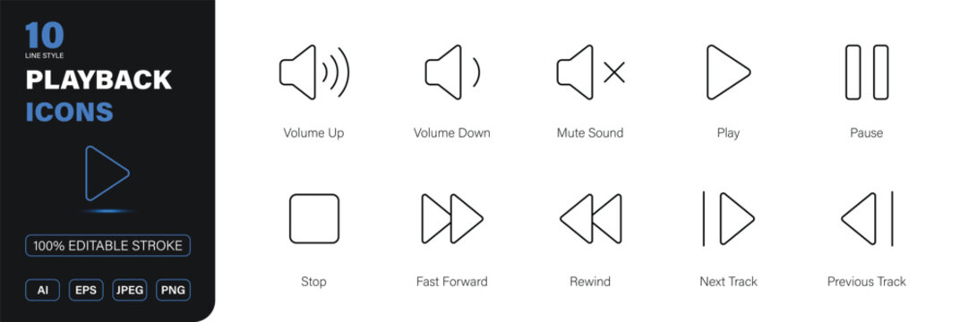 playback icon line style media player audio video controls editable stroke vector set