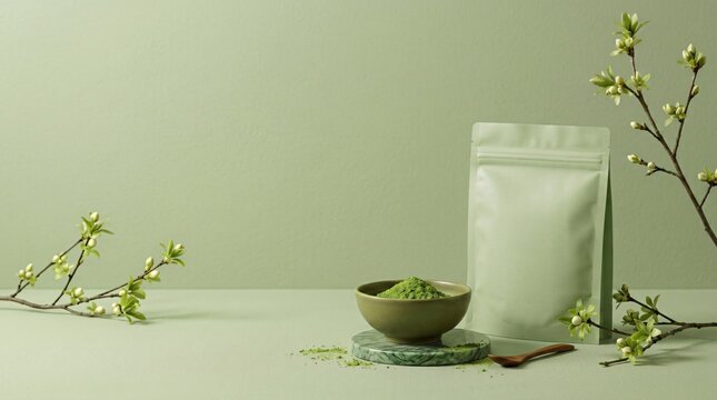 Green Matcha Powder in Bowl with Packaging and Floral Branches in Minimalist Scene