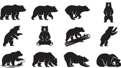 Obraz premium Black bear silhouettes showing various poses and walking postures on white background