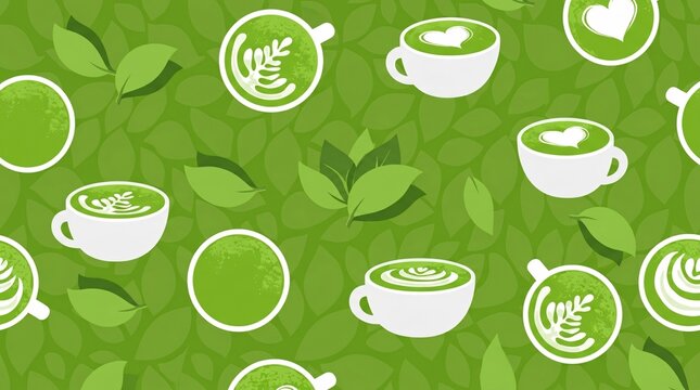 Green Leaf Pattern with Coffee Cups and Citrus Fruits for Eco-friendly Food Design