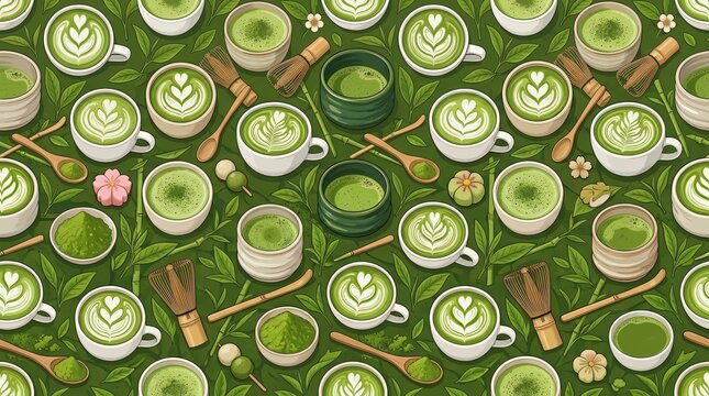 Green Matcha Tea Cups and Tea Accessories Pattern with Floral Accents