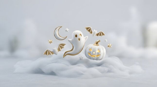 Elegant white and gold 3d Halloween scene with floating ghost pumpkin and bats over soft clouds.