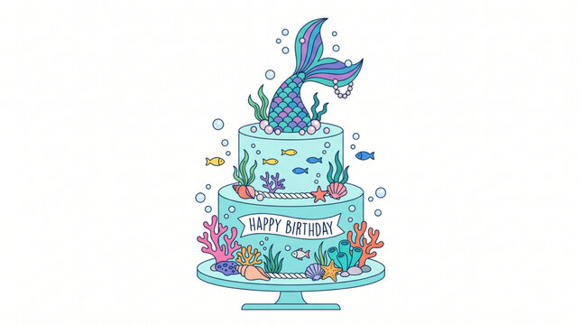 Mermaid theme birthday cake illustration decorated with ocean sea creatures and tail