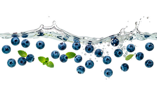 Falling blueberries and water splashes on a white background.