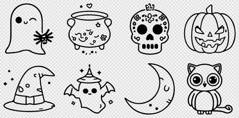 Fototapeta premium Halloween line art icons set, spooky doodle vector collection, black and white holiday illustrations, 8 cute occult stickers