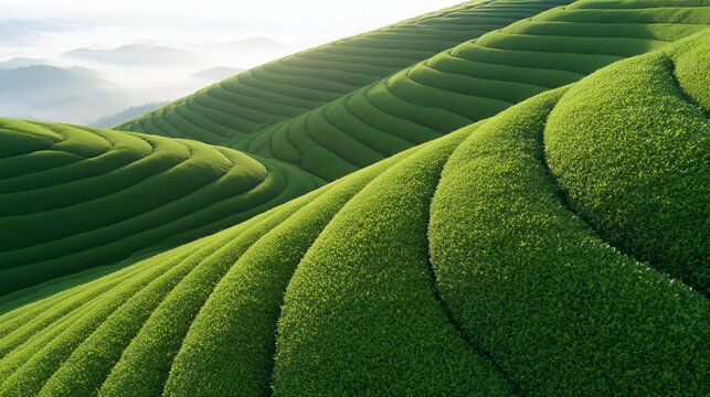 Breathtaking Aerial View of Lush Green Tea Plantation Terraces Rolling Over Misty Hills at Sunrise in a Serene Rural Landscape