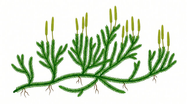 Green club moss lycopodium plant illustration isolated on white background