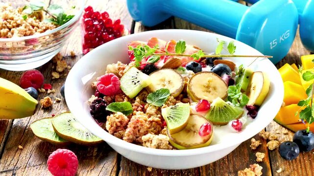 healthy granola bowl with fresh fruits and dumbbells, fitness nutrition