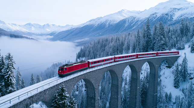 Scenic Red Train Journey Crossing a Majestic Stone Viaduct Over a Snowy Mountain Valley in the Swiss Alps During a Cold Winter Morning