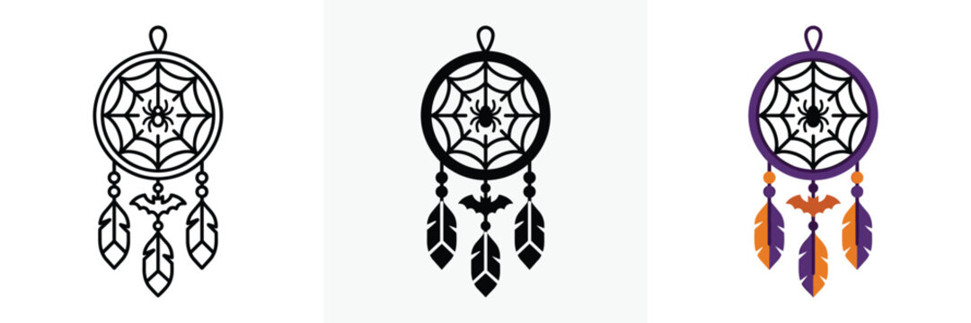 Spooky halloween dreamcatcher vector graphic with spider web, bat and feathers for festive decoration
