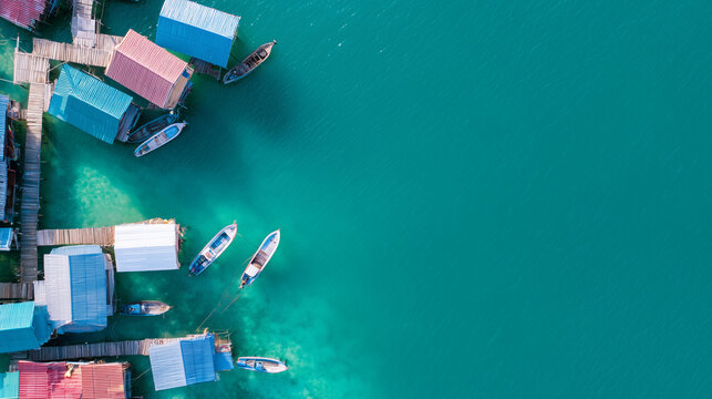 Aerial View of Colorful Stilt Houses and Wooden Boats on Vibrant Turquoise Tropical Water in Thailand