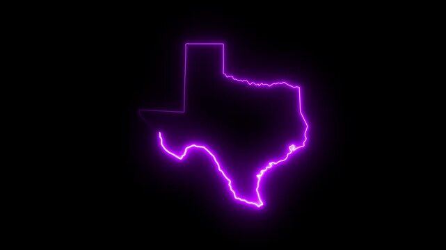 Neon purple texas state map outline glowing on black background, digital tech concept 4K Motion video animation