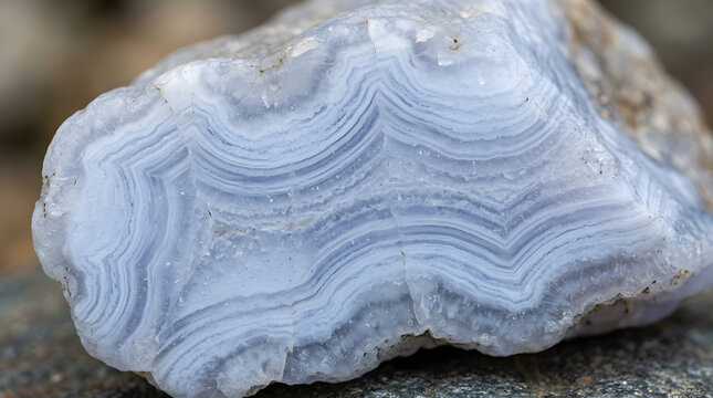 Macro photo of blue lace agate gemstone | Natural blue wavy banded agate crystal | Close-up of polished blue lace agate mineral | Healing crystal texture macro shot | Blue and white striped chalcedony