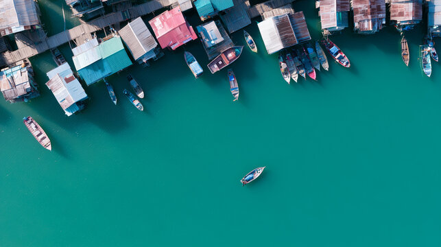 Aerial drone view of a vibrant stilt house fishing village with traditional wooden boats anchored in turquoise tropical coastal waters