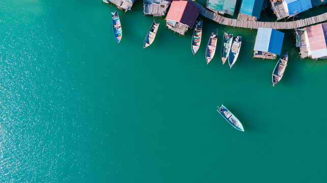 Aerial View of Traditional Wooden Stilt Houses and Colorful Fishing Boats Moored in Clear Tropical Turquoise Sea Water