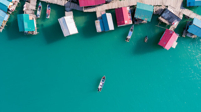 Aerial View of Colorful Stilted Houses Over Tropical Turquoise Water with a Single Small Boat Floating in a Peaceful Coastal Fishing Village
