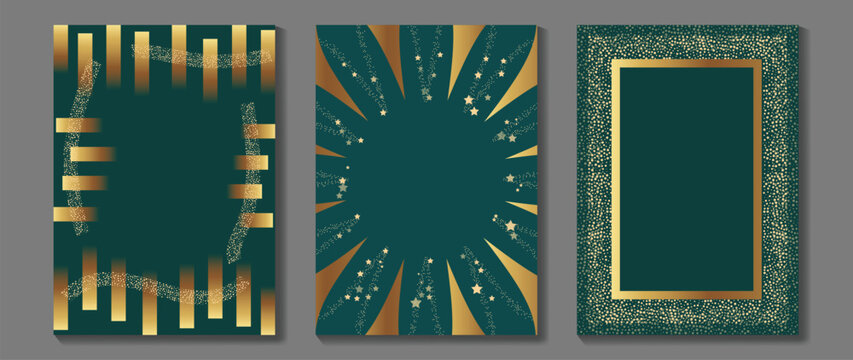 Luxury Christmas and New Year vector poster templates set. Teal and gold geometric frames with sunburst, metallic border and grain texture for festive greeting cards