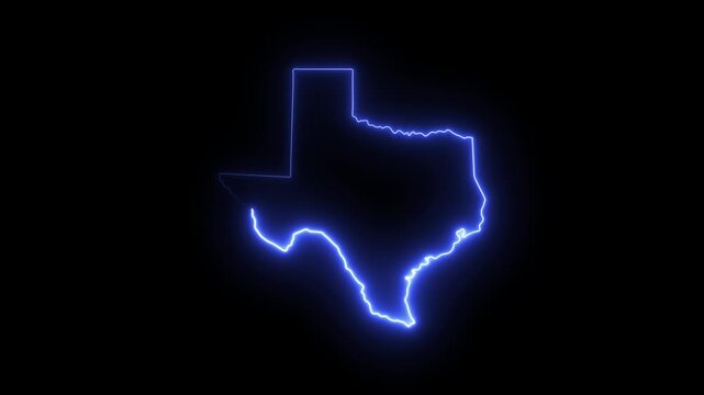 Texas state map outline with glowing blue neon light effect on black background 4K Motion video animation