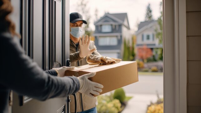 Contactless Delivery Exchange. A delivery person wearing a mask and gloves hands a package to a recipient also wearing gloves at a doorstep