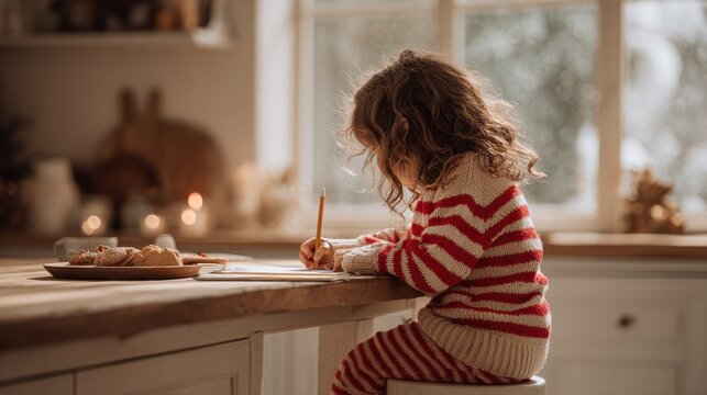 Child Writing Letter to Santa. A young child in festive pajamas writes a letter at a wooden table with cookies and festive lights in the background