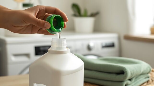 A person pouring blue liquid laundry detergent from a green cap into a white plastic bottle in a bright, clean laundry room with folded towels