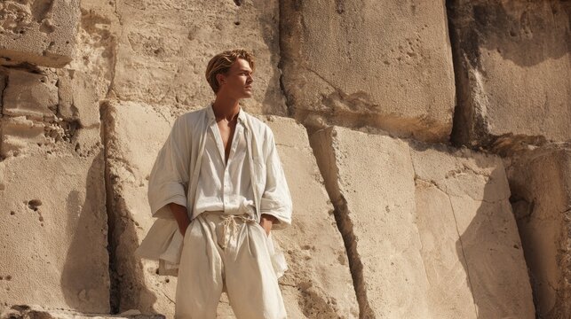 Man in Linen Clothing Outdoors. A young man with blond hair stands against a backdrop of large, rough stone blocks wearing a loose white linen shirt and pants