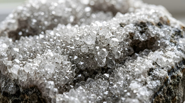 Sparkling druzy quartz crystal texture macro | Natural raw clear quartz mineral geode | Close up of crystalline gemstone surface | Healing crystal background for meditation