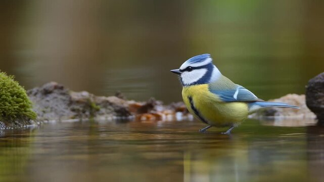 Blue tit bird drinking water from a shallow pond during daylight with natural background