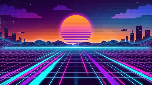 Synthwave 80s Retro Futuristic Landscape with Neon Grid Road Sunset and Cyberpunk City Skyline