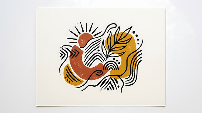 Abstract minimalist boho art print with sun and botanical line elements in earthy tones.