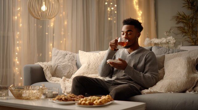 Cozy Evening Tea Time. A young man enjoys a warm cup of tea while relaxing on a sofa adorned with festive fairy lights and soft blankets