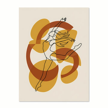 Minimalist continuous line drawing of a dancing woman with abstract geometric shapes in warm earth tones.