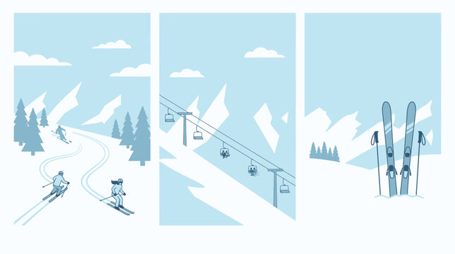 Set of winter ski resort banners and posters templates with snowy mountains and skiers