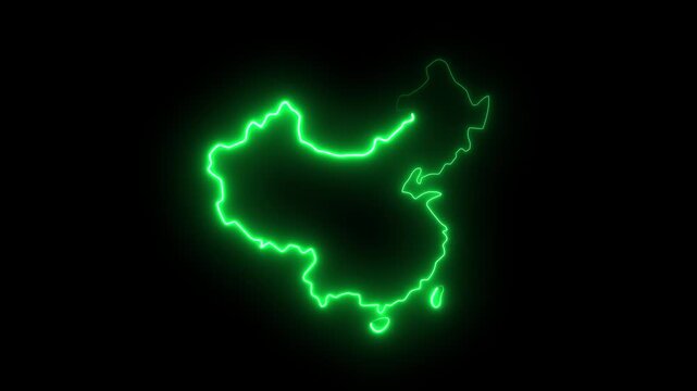Glowing neon green outline map of china on black background, digital technology concept, futuristic motion 4K Motion video animation