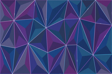 Fototapeta premium A vivid faceted composition of interconnected triangular forms glows in violet, cyan, and navy, creating a sleek futuristic atmosphere for websites, presentations, and digital branding.