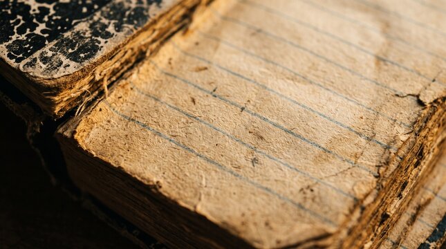 Old worn notebook with faded pages showing lined paper  