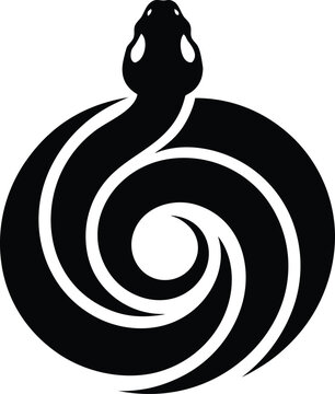 Stylized snake logo icon vector. Coiled serpentine emblem in black silhouette. Minimalist reptile design for tattoo or brand identity. Abstract reptilian symbol.