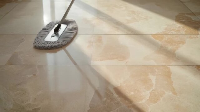 Floor Mop Cleaning Polished Tile Surface in Sunlight With Marble Reflections and Long Handle Shadow
