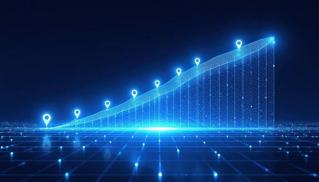 Abstract financial chart graph rising upwards with luminous data points and grid background business growth market trend economic analysis statistics diagram glowing lines success concept