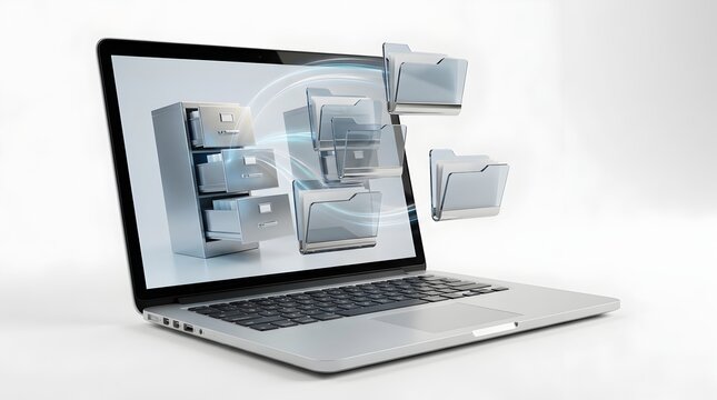 Digital filing cabinet and folders on laptop screen