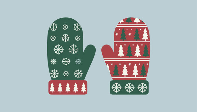 Cozy pair of winter knit mittens is shown, one green with snowflake patterns and one red with tiny pine tree designs.