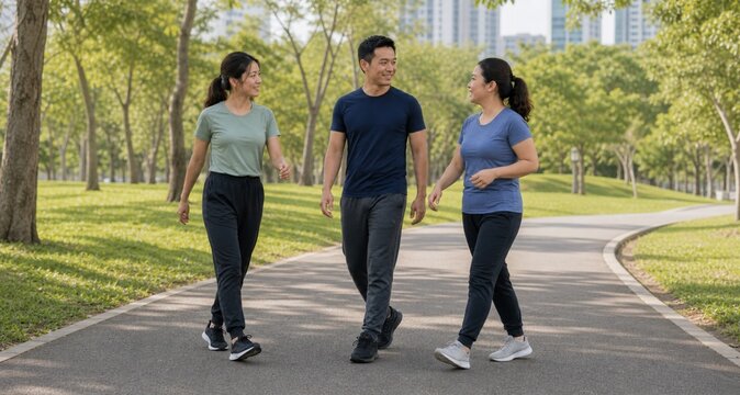 Asian Friends Walking Together in Green Park for Social Fitness
